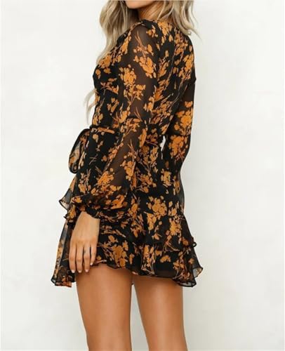 Mini vestido feminino fofo com decote em V e bolso manga comprida babado elegante vestido casual de