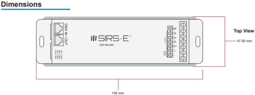Top view dimension diagram of SIRS-E LED decoder showing a length of 158 mm and width of 47.50 mm.