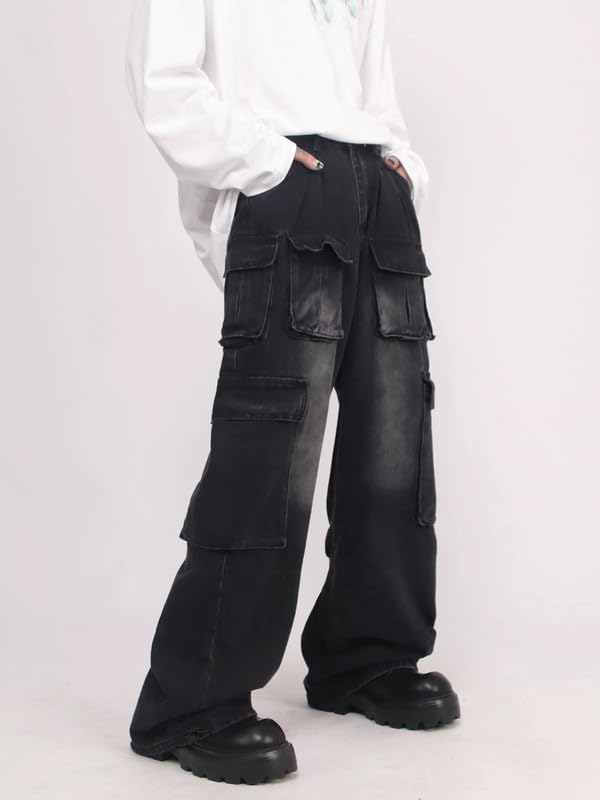 Cargo Pants with Pockets Men Women Baggy Jeans Y2k Wide Leg Grunge Loose Jeans Clothes Streetwear Black2