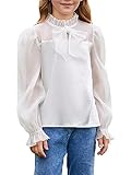 WDIRARA Girl's Contrast Mesh Bow Front Shirt Cute Mock Neck Long Flounce Sleeve Blouse Top White 9Y