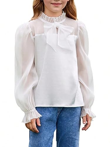 WDIRARA Girl's Contrast Mesh Bow Front Shirt Cute Mock Neck Long Flounce Sleeve Blouse Top White 9Y
