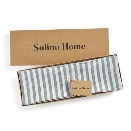Image of Solino Home 100% Pure Linen Placemats, 14 x 19 in, Green Striped, Set of 4