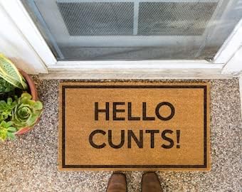Felpudo con texto en inglés Here e's Looking Up, Hello Cunts, regalo de inauguración de la casa, tapete grosero de coco marrón, tapete para el coño,