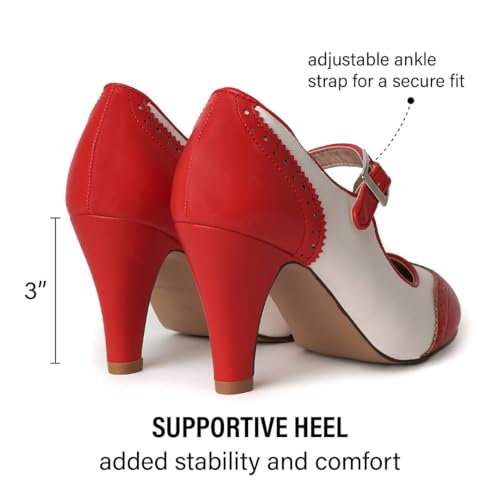 J. Adams Kym Mary Jane Shoes Women Oxford Pumps - Cute Low Kitten High Heels - Retro Vintage Shoes for Women 1950s Mary Janes Round Toe Shoe with Ankle Strap - Thumbnail 5