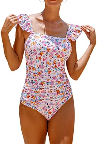 Hilinker Women's Flora Print Ruffle Strappy One Piece Swimsuits Tummy Control Bathing Suits White Medium