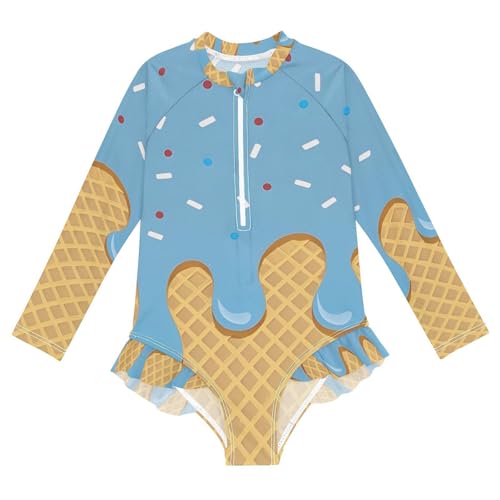 Girls One Piece Swimsuits Long Sleeve Swimsuit Zipper Bathing Suits Blue Ice Cream