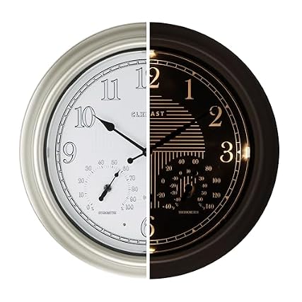 CLXEAST 18 Inch Illuminated Outdoor Indoor Atomic Analog Wall Clock with Temperature & Humidity