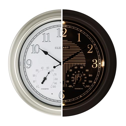 CLXEAST 18 Inch Illuminated Outdoor Indoor Atomic Analog Wall Clock with Temperature & Humidity Combo, Lighted Outdoor Clocks for Patio Large Waterproof with Thermometer, Modern Morning Silver/Gold
