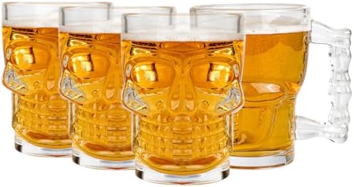 Beer Mugs Set of 4 - Skull Glasses with Handle - 17 OZ Heavy Base...