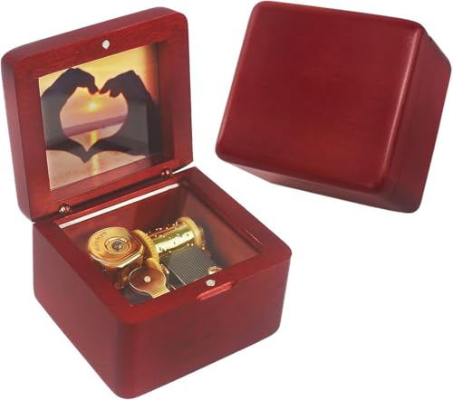 Sinzyo Natural Wooden Music Box with Customizable Photos Wind Up Musical Box Gifts for Christmas,Birthday and Valentine's Day (Simple Wine Red, Tone:Jingle Bells)
