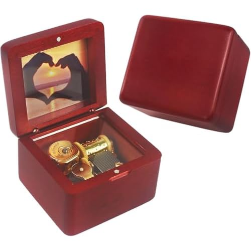Sinzyo Caja de música de Madera con Foto Personalizable Navidad San Valentín Regalo(Madera roja con carácter, Melody:Rainbow Connection)