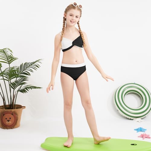 Weixinbuy Girls' Swimsuit Kid Two-Piece V-Neck Bikini Set Spaghetti Strap Twist Cross Bathing Suit Swimwear Size 13-14 White and Black2