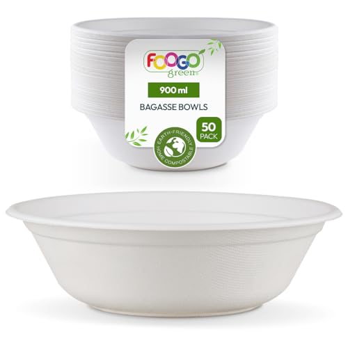 FOOGO Green 50 Disposable Sugarcane Bagasse Bowls, Large 32oz (900ml), 8(20cm), for Soup, Desserts & Salad, Deep Round, Sturdy Paper Bowls for Hot Food, Biodegradable, Bamboo, Party