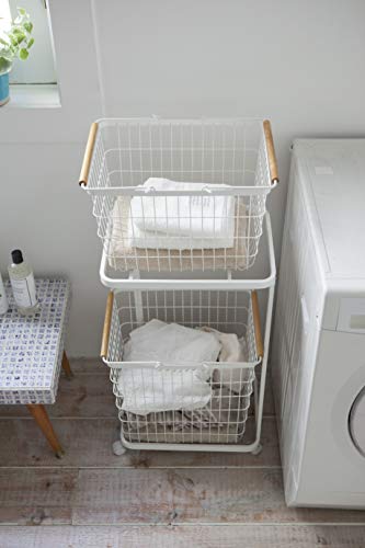 Yamazaki Home Laundry Basket Wagon-Large Storage Hamper Organizer | Steel + Wood | Short | Rolling Carts, White #TOP4