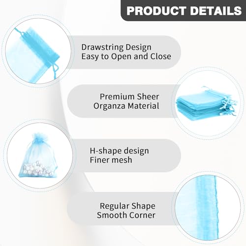Image of Sheer Organza Bags - 50 Pcs, Small with Drawstring, Jewelry Gift Bags for Parties & Weddings, Mini Candy Bags, Lake Blue