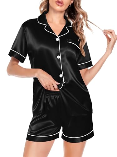 Image of SWOMOG Satin Matching Pajamas Sets Couple Silk Button Down Nightwear Women & Men Short Sleeve Sleepwear 2 Pieces Loungewear