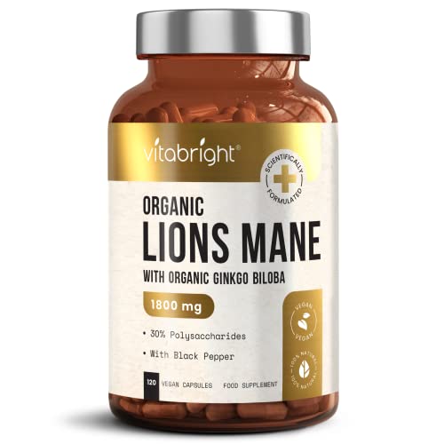 Organic Lions Mane - 1800mg High Strength Mushroom Supplement - 120 Capsules (not tablets, not powder) - 4 Month Supply - 30% Polysaccharides - with Ginkgo Biloba and Black Pepper - VitaBright