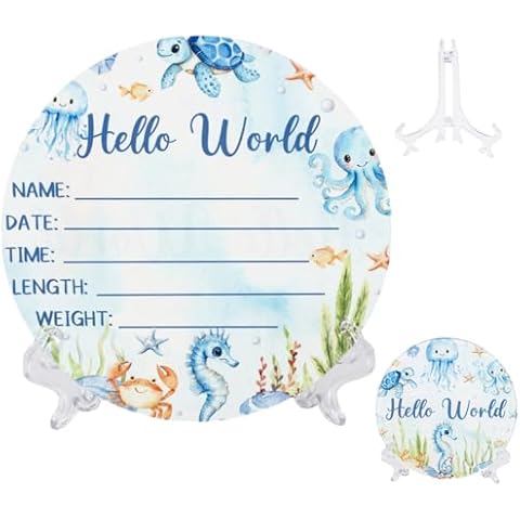 CORNER LACE Acrylic Baby Birth Announcement Sign with Stand, Under The Sea Animal Theme Double-Sided Newborn Name Board, Hello World Milestone Card for Welcome Baby Hospital Nursery Gift Photo Prop Cover