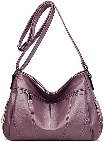 Womens Leather Crossbody Bags Multi Pocket Soft Ladies Leather Shoulder Handbag Lightweight with Adjustable Shoulder Strap