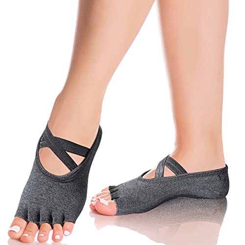 Satinior 6 Pairs Yoga Socks Toeless Pilates Barre Ballet Socks Half-Toe Grip Socks Multicolor Elastic Workout Socks For Women, Pink, Dark Purple, Beige, Black, Dark Gray, Light Gray, One Size #TOP4