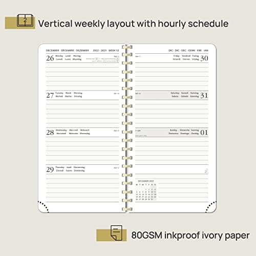 POPRUN Pocket Diary 2023 Slim Week to View 16.5 x 9 cm - Small Weekly Planner A6 Runs Dec'22 - Dec'23 with Dotted Note Pages, Vegan Leather Soft Cover,Green