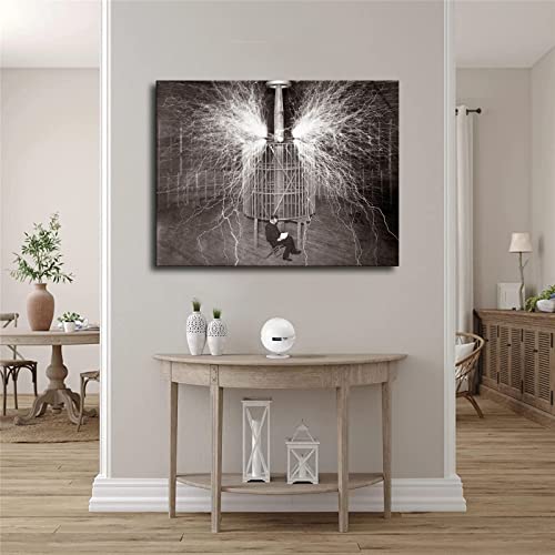Nikola Tesla Lab Electricity Print Poster Canvas Painting Print Wall Art Modern Classroom Kitchen Bedroom Room Aesthetics Decoration Boys Women Gift Unframed And Framed (24×36Inch- Framed) #TOP12