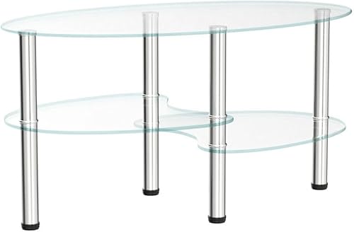 Miniatura 4 de Mesa de té de vidrio ovalada para oficina, mesa de centro moderna de 3 niveles, mesa auxiliar para sala de estar (transparente) Transparente,Negro -