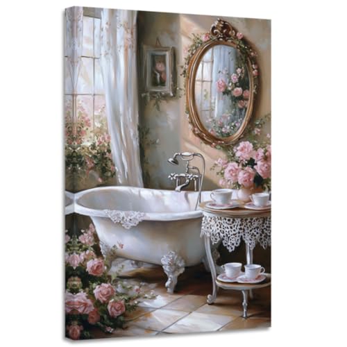 CGXLB Bathroom Decor Bathtub & Flower Wall Art Pink Roses