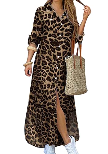 YMING Femme Robes Décontractées Décontractées Robe Boutonnée Robes Longues Devant Ouvert Léopard Jaune S