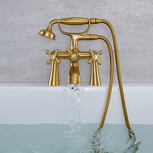 Hanallx Clawfoot Tub Faucet Deck Mount Tub Filler Brushed Gold Vintage Bathtub Faucets Brass With Telephone Shaped Handheld Shower #TOP2