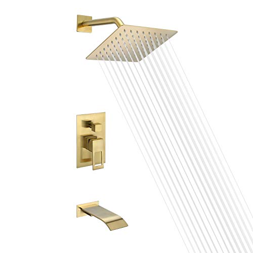 sumerain Wall Mount Tub and Shower Faucet Set Brushed Gold with 8 Inch Shower Head, Waterfall Tub Spout and Anti-scalding Pressure Balance Valve by sumerain - Used condition - US$124.93