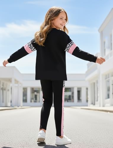Image of PATPAT Little Girls Clothes Crew Neck Leopard Color Block Sweatshirt and Leggings Girls Outfits Size 4-12Y