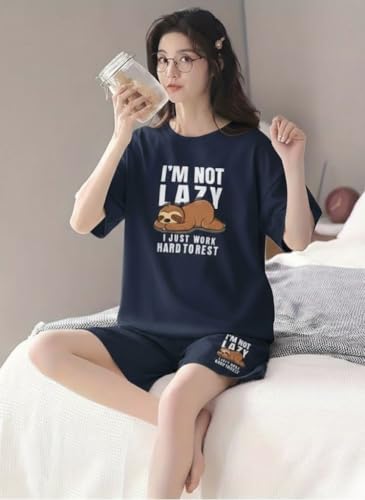 Image of Women Korean Cotton Blend Night Suit | Printed Shorts Sleepwear Set | Short Night Dress Set for Women | Soft Printed T-Shirt & Shorts Pajama Set | Comfortable Summer Nightwear for Ladies & Girls
