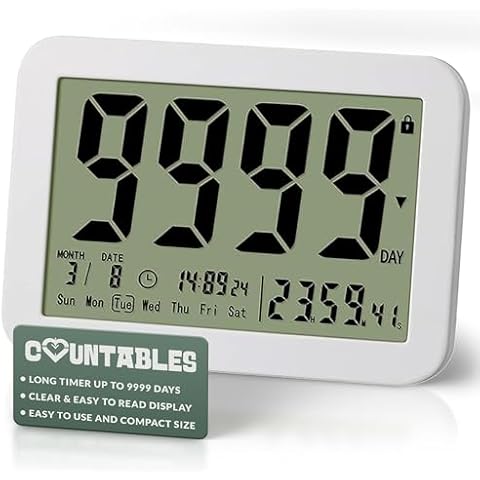 Countables 9999 Days Countdown Clock - Reusable Count Down Timer - Large Display LCD Digital Timer - Visual Countdown Clock and Calendar for Retirement, Wedding, Birthday, Holiday & More (White) Cover