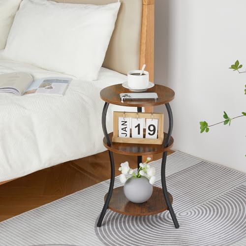 Yeakoo Vintage Small Round Side Table, 3-Tier Slim Waist Circular End Table With Storage Shelf, Compact Tea Sofa Table, Round Corner Coffee Table Nightstand For Living Room Bedroom Small Spaces,Rustic Brown thumb #1
