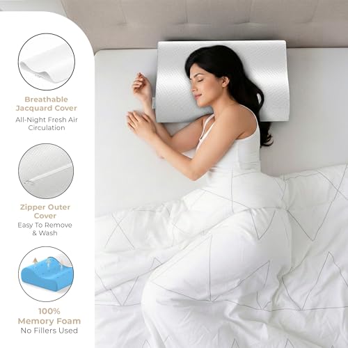 Image of MYARMOR Cool Gel Cervical Pillow for Neck Pain | Contour Design for Neck & Shoulder Pain Relief | Dual Height Ergonomic Support | 18 x 11 x 3.5 Inch | 2 Years Warranty | White Cover - Pack of 1
