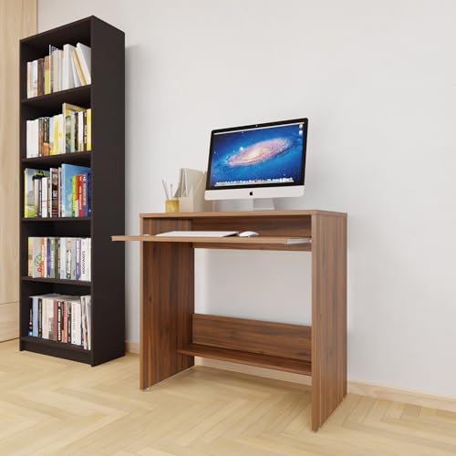 Image of VIKI Engineered Wood Computer Table, Study Table, Desks with 1 Open Shelf & Keyboard Tray for Adults /Students, Office Home | TURA | Brussel Walnut, 80W x 75H x 40D | 1 Year Warranty