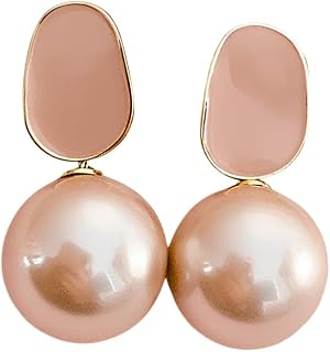SHEIOUS Soft Glow Pearl Drop Earrings for Women | Baby Pink Alloy Earrings with Yellow Metallic Plating and Pearl Inspired... Price In India
