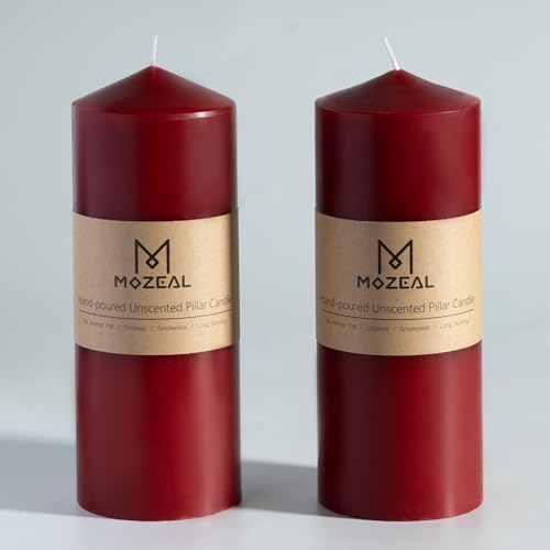 MOZEAL 3" x 8" Hand-Poured Unscented Candles,Large Dark Red Pillar Candles Set of 2,No Drip,Approx 120 Hours Long Burning,Wedding,Dinner,Christmas and Home Decor（3 Inch Diameter 8 Inch Height）