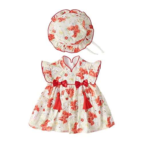 KAGAYD Baby Girls Chinese Cheongsam Dress Toddler Summer Short Sleeves Qipao Classical Dress Outfit (Red, 3-6 Months)