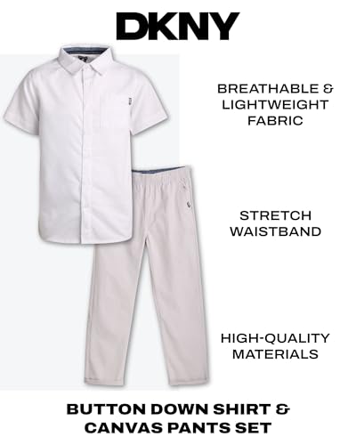 Image of DKNY Boys' Pants Set - 2 Piece Woven Short Sleeve Button Down Shirt and Flat Front Canvas Pants for Boys (Sizes: 8-12)