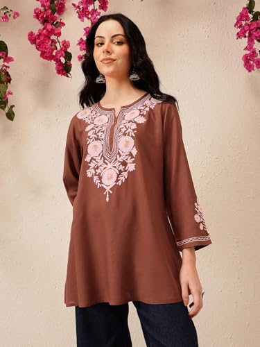 Image of QAZMI Women's Aari Embroidered Viscose Rayon Full Sleeves A-Line Flared Short Kurti