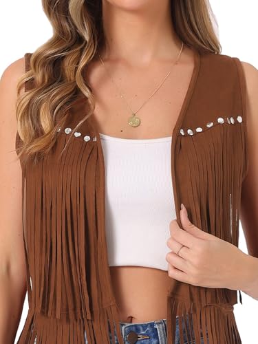 Image of Allegra K Women's Fringe Top Vest Open Front Western 70s Outfits Faux Suede Tassel Cardigan