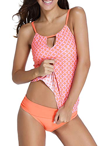 FIYOTE Women Casual Coastal Geo Print Panty Two Pieces Swim Dress Swimsuit Bikini Set (S, Orange)