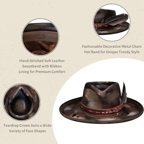 Image of RUEDIGER Vintage Pencil Brim Fedora Hats 100% Wool Felt Hat Panama Rancher Hat with Lightning Logo Handmade Distressed /Burned