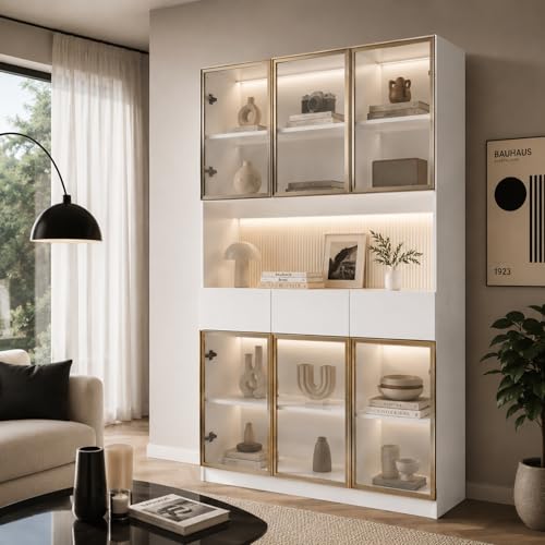 Vitrine Blanche LED avec 3 tiroirs, 120 × 36 × 200 cm