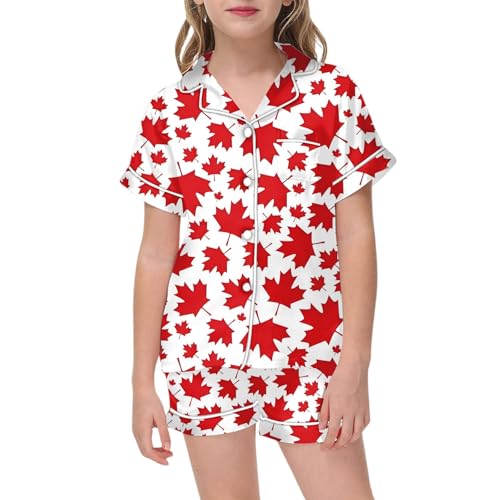 HZling Coton BebePyjama pour Fille,fête du Canada,Haut à Manches Courtes boutonné et Short avec Poches,Joli imprimé Drapeau Canadien et Feuilles d'érable,vêtements de Nuit(Red,10-11 Ans)