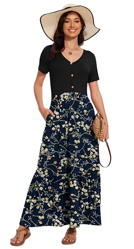 Image of VIISHOW Women's Short Sleeve Maxi Dress 2026 Summer V Neck Knit Loose Plain Empire Waist Casual Dresses with Pockets