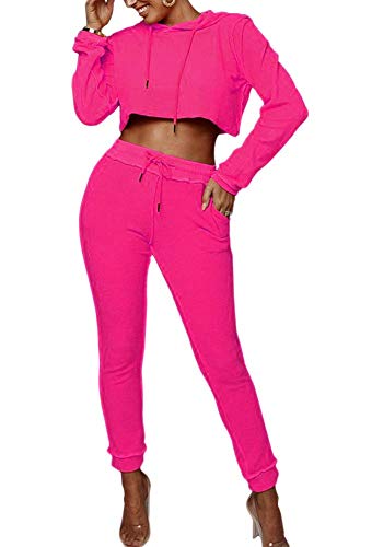 Womens 2 Pieces Outfits Tracksuits - Long Sleeve Solid Plain Pullover Hoodie Crop Top + Long Pants Sweatsuits Jogger Set Fuchsia Pink