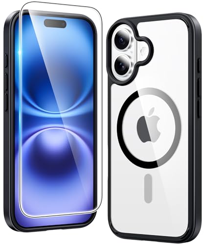 Image of FNTCASE for iPhone 16 Case Clear: Magnetic Phone Cases with Screen Protector Drop Proof Compatible with Magsafe Slim Anti Yellowing Rugged Shockproof Protective Transparent Cell Cover (B-Black)